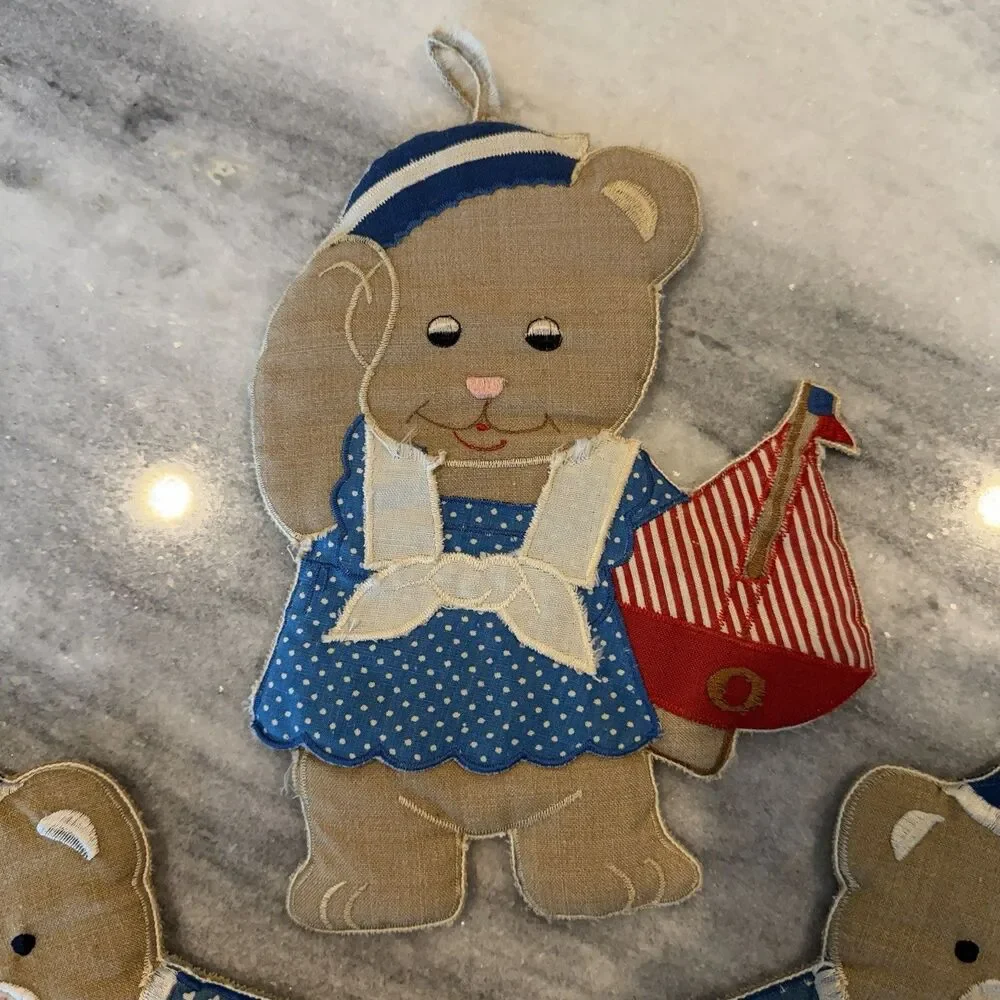 Set Of 3 Vintage Teddy Bear Fabric Wall Hangings Or Hot Pads/Pot Holders